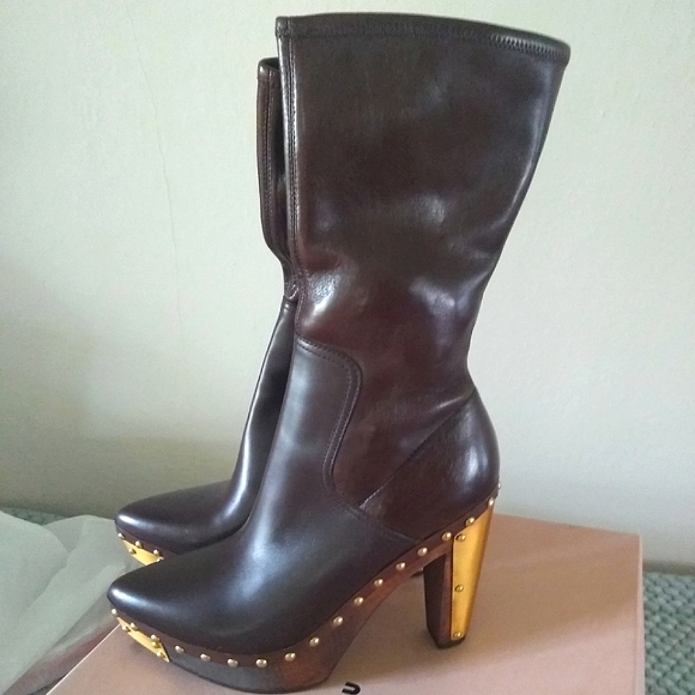Miu Miu Soft Brown leather - Gold Hardware Bob Ellis Calzature Donna Boot sz 8.5
